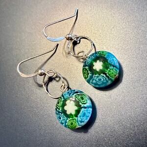 Italian Murano Millefiori Round Disc Drop Silver Earrings